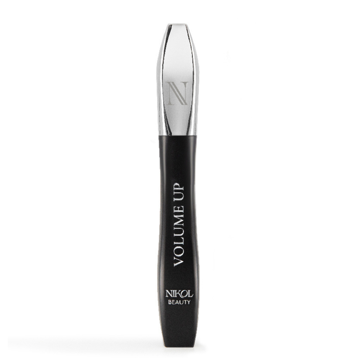 The sleek, black and silver tube of VOLUME UP Mascara by Nikol Beauty features an angled metallic cap with a striking N. Its jet-black formula promises youthful allure, while VOLUME UP is boldly displayed in white on the body.