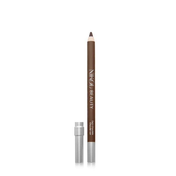 The WaterProof Eyeliner Pencil by Nikol Beauty, ideal for mature eyes, features high pigments and a long-lasting effect. This brown pencil has a pointed tip and is displayed against a white background, with its translucent silver cap beside it.