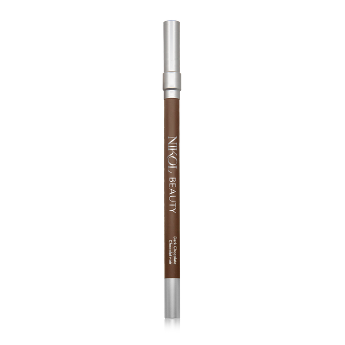 Against a white backdrop stands a brown WaterProof Eyeliner Pencil by Nikol Beauty, featuring silver caps. Designed for shaping and filling eyebrows with high pigments, it delivers long-lasting definition, ideal for mature eyes seeking a polished look.