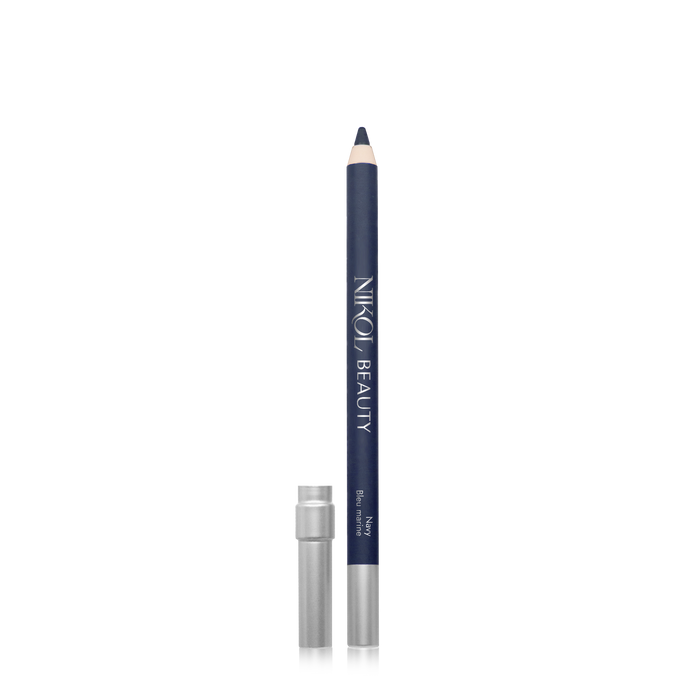 The dark blue WaterProof Eyeliner Pencil by Nikol Beauty, with high pigments and a silver cap revealing the tip, features NIKOL BEAUTY in silver on its barrel. This long-lasting pencil stands vertically against a white background, ideal for mature eyes seeking defined elegance.