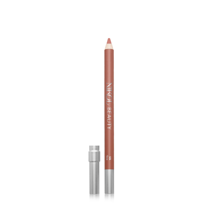 The WaterProof Lip Liner Pencil by Nikol Beauty features metallic accents and comes with a cap. Perfect for mature women seeking creamy, brown lip liners, its brand name is printed vertically on the body.