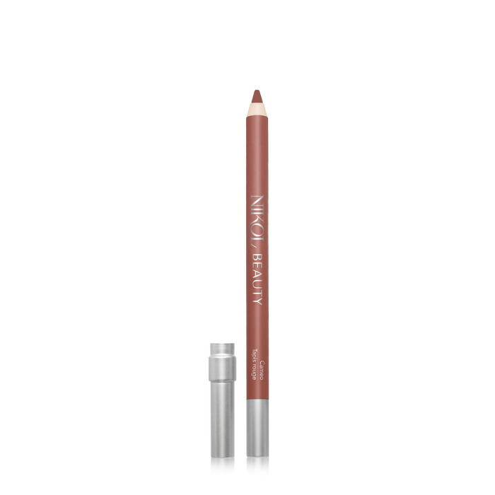 A Nikol Beauty WaterProof Lip Liner Pencil in brown with a silver cap stands vertically against a white background. Ideal for mature women makeup, it features white branding text and is partially sharpened for precision.