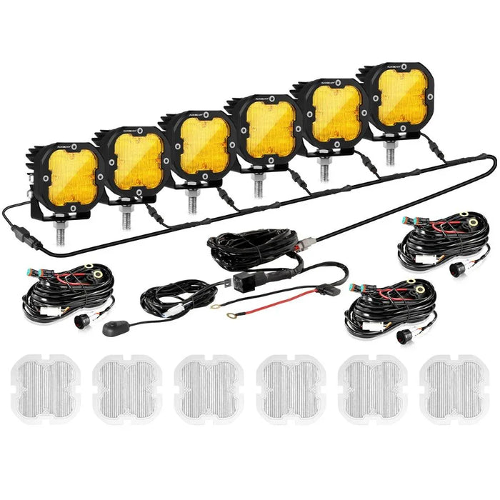 Amber&White Flood / 6Pcs Pod Lights+Additional 6-Pod Power Harness / Without Covers