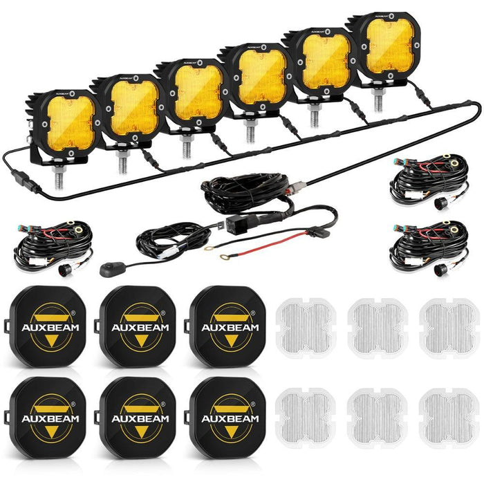 Amber&White Flood / 6Pcs Pod Lights+Additional 6-Pod Power Harness / With Black Covers