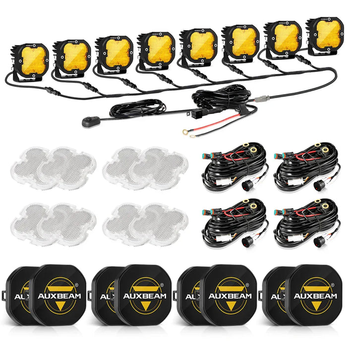 Amber&White Flood / 8Pcs Pod Lights+Additional 8-Pod Power Harness / With Black Covers