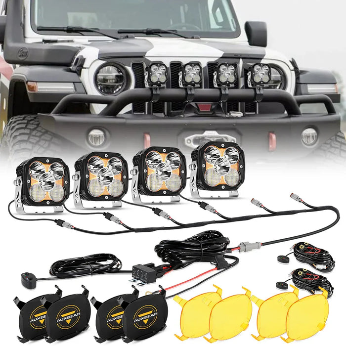 4Pcs Pod Light+6-Pod Power Harness / With Amber Covers + Black Covers