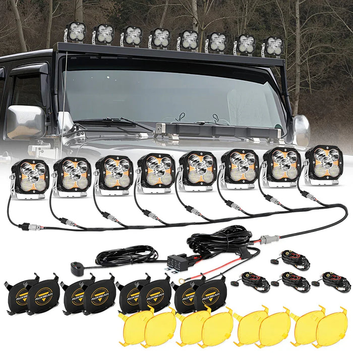 8Pcs Pod Light+8-Pod Power Harness / With Amber Covers + Black Covers