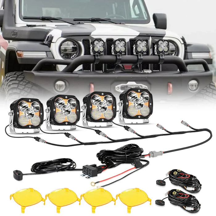 4Pcs Pod Light+6-Pod Power Harness / With Amber Covers