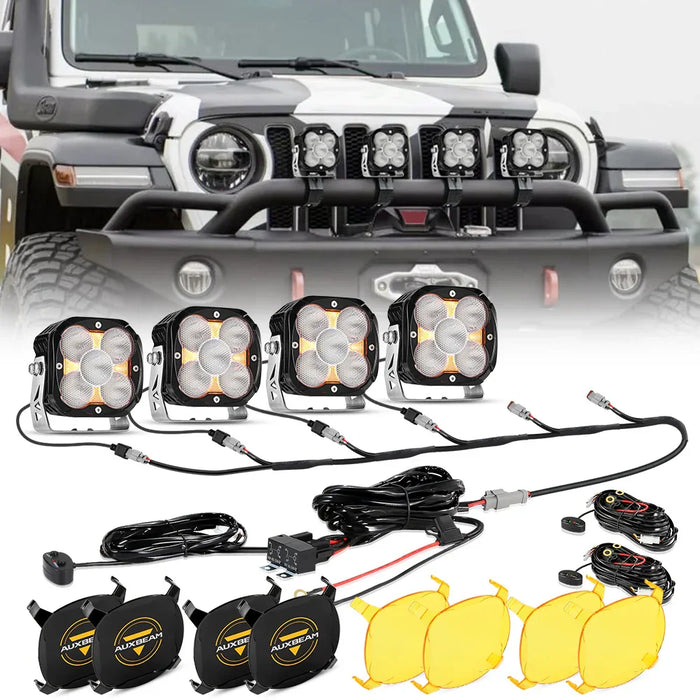 4Pcs Pod Light+6-Pod Power Harness / With Amber Covers + Black Covers
