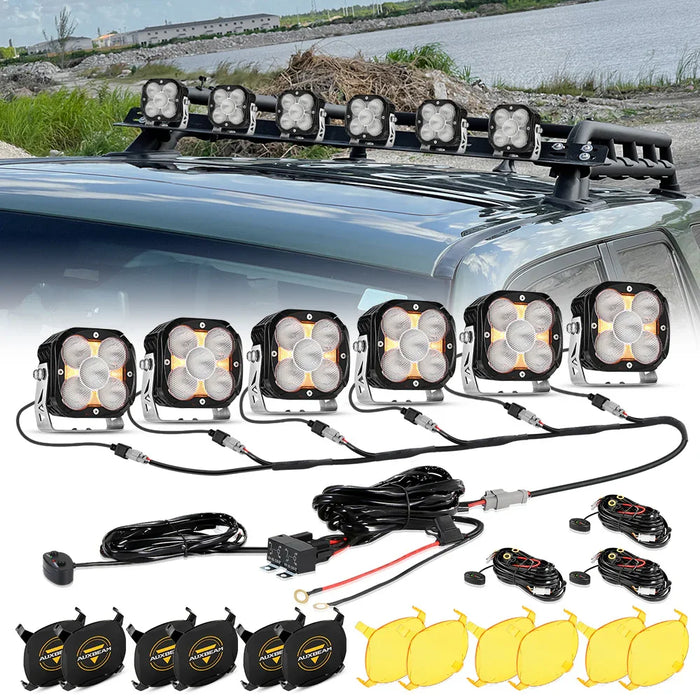 6Pcs Pod Light+6-Pod Power Harness / With Amber Covers + Black Covers