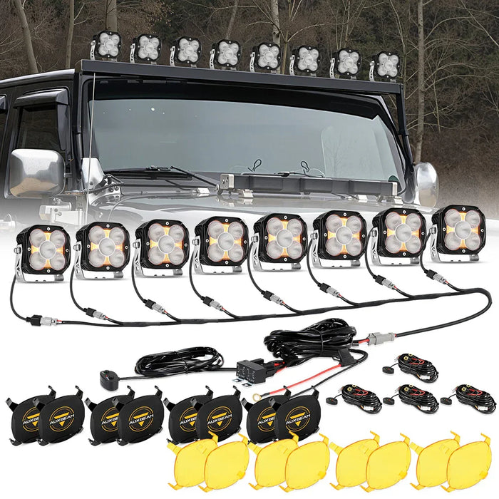8Pcs Pod Light+8-Pod Power Harness / With Amber Covers + Black Covers