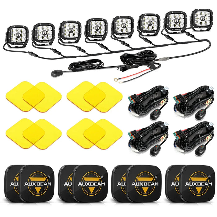 8Pcs Pod Lights+Additional 8-Pod Power Harness / Black Covers