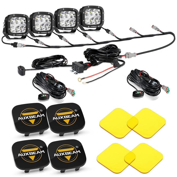 4Pcs Pod Lights+Additional 6-Pod Power Harness / Black Covers