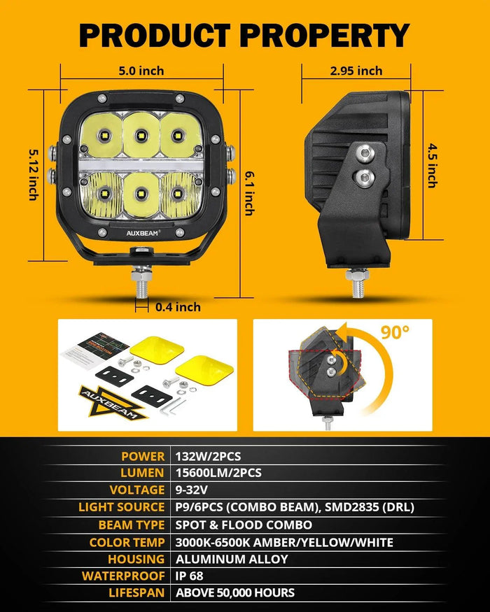 XP-ULTRA Series 5 Inch 132W 15600LM White/Amber LED Pods Driving Light with Amber DRL